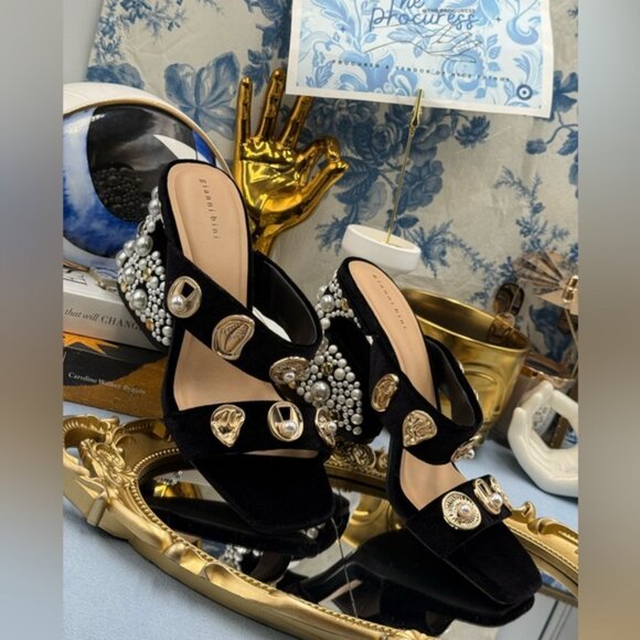 🆕 GIANNI BINI 🧿 NWOB Penei Velvet Pearl Surrealist Ornament Slide Sandal Sz 7 - Picture 3 of 16